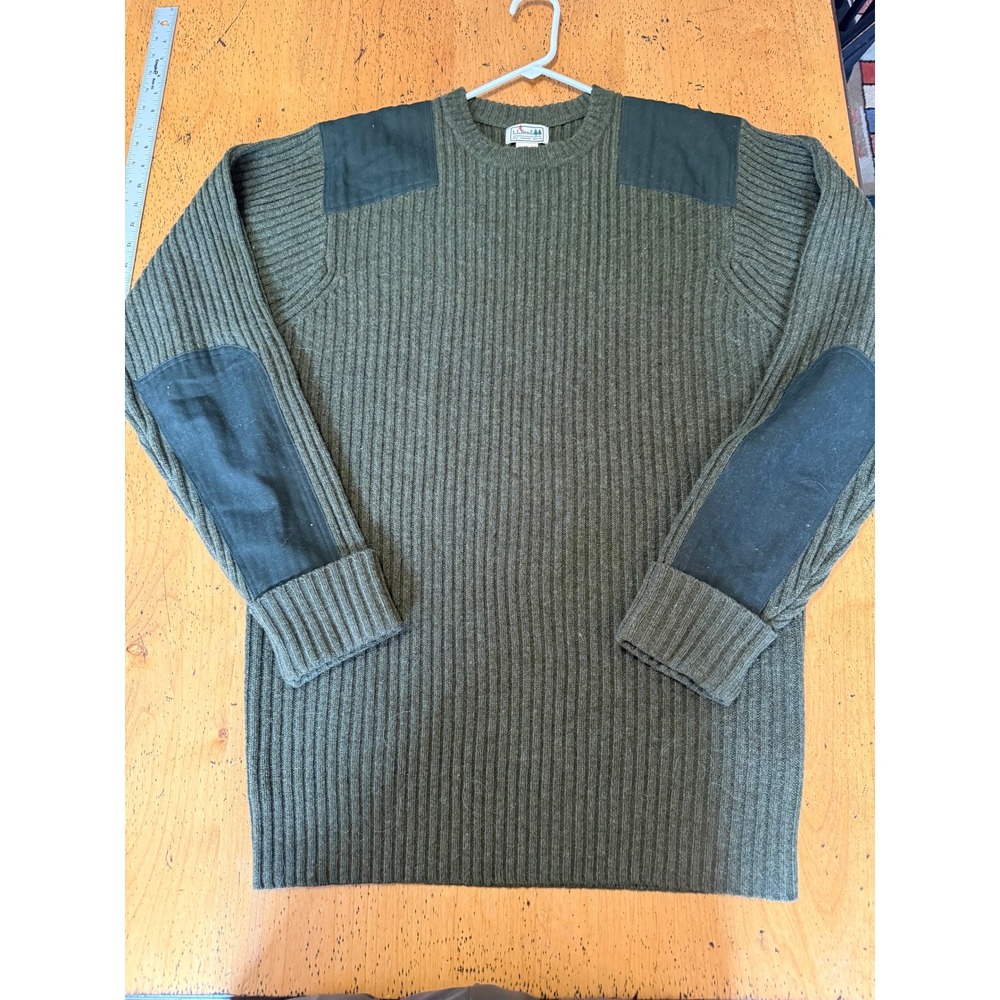 LL Bean Commando XL-Tall Merino Lambswool Ribbed Patch Sweater Olive Green